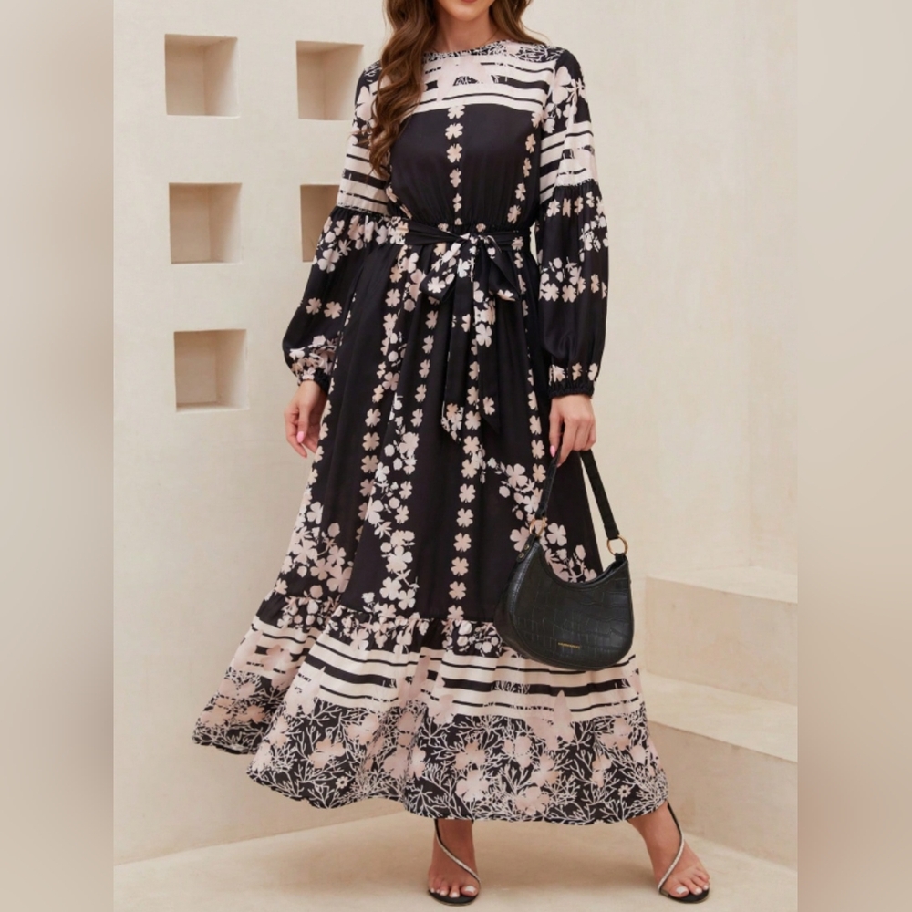 Printed Round Neck Long Sleeve Maxi Dress with Pockets - Picture 2 of 5